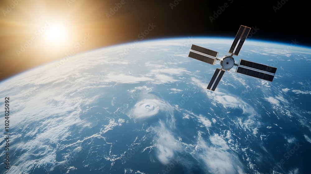 Poster panoramic view of a futuristic orbital space station with advanced technologies modules and communic