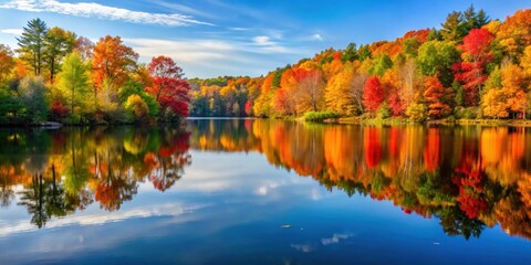 Naklejka premium Tranquil autumn lake reflecting colorful foliage, Autumn, lake, reflection, foliage, tranquil, serene, peaceful, fall, trees