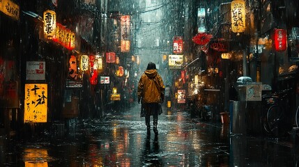 Obraz premium Rainy Night in a Japanese City Street