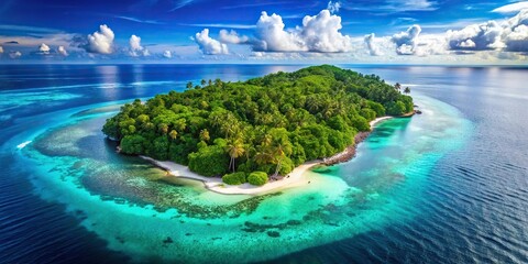 Fototapeta premium High angle view of tropical island with lush trees and wildlife