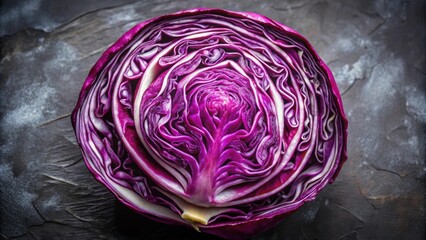 Obraz premium Close up top view of raw purple cabbage, texture, background, blue cabbage, cut, close up, top view, fresh, raw, healthy