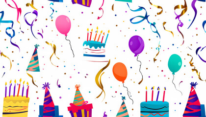 Obraz premium Colorful Birthday Cakes and Balloons Celebration in Kids Drawing Style