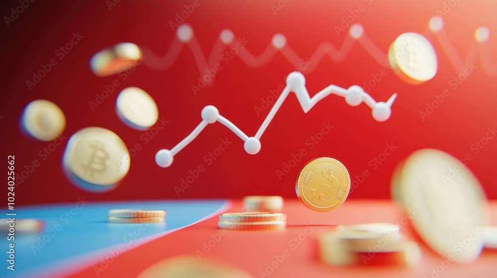 Poster a dynamic representation of cryptocurrency trends with coins and a rising graph.