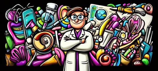 Fototapeta premium A colorful illustration of a scientist surrounded by various lab equipment and tools.