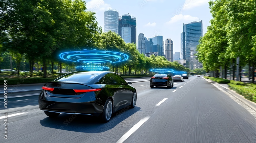Poster panoramic view of a futuristic smart city with autonomous vehicles advanced architecture and cutting