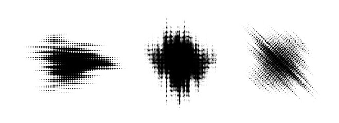 Glitch halftone element set. Dotted textured geometric form collection. Grunge blurry abstract comic pop art shapes for banner, poster, collage, overlay, label, tag. Distressed distorted vector pack