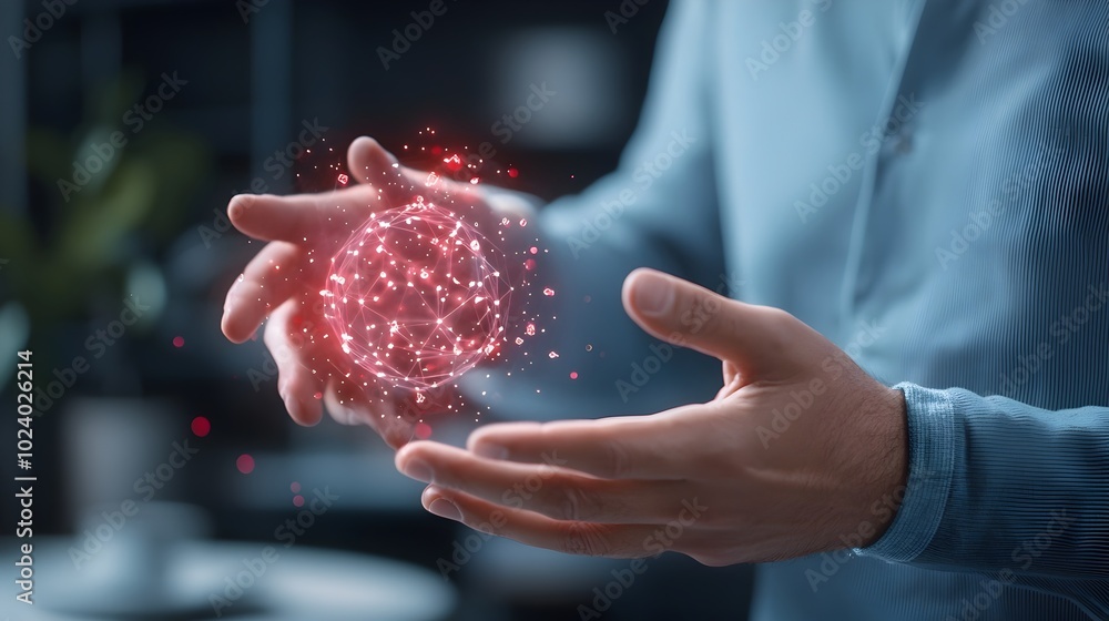 Poster a person gesturing and interacting with a futuristic transparent holographic digital interface or di