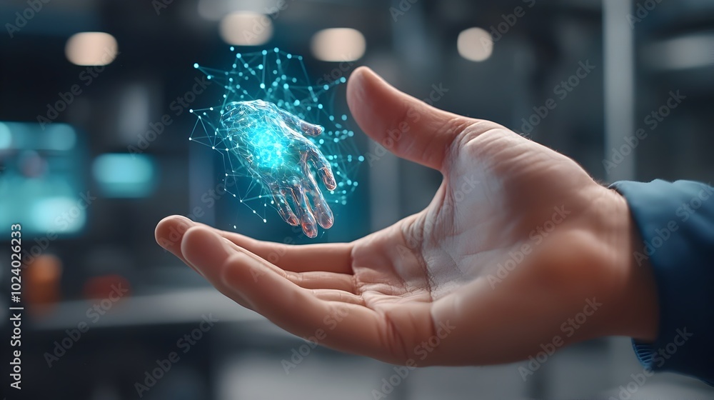 Poster a person using their hands to control and interact with a touchless holographic digital interface in