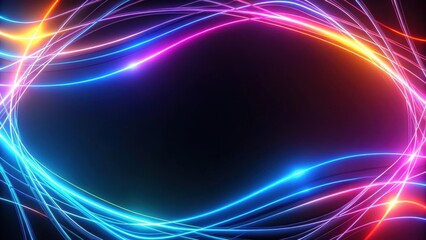 Obraz premium Neon glowing dynamic lines on black background, render, abstract, neon, wallpaper, glowing, lines, dynamic, black