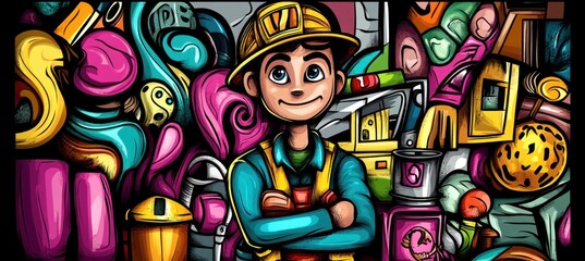 A cheerful worker stands amidst colorful, abstract shapes and construction materials.