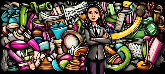 A confident figure stands amidst a chaotic mix of colorful objects, symbolizing organization.