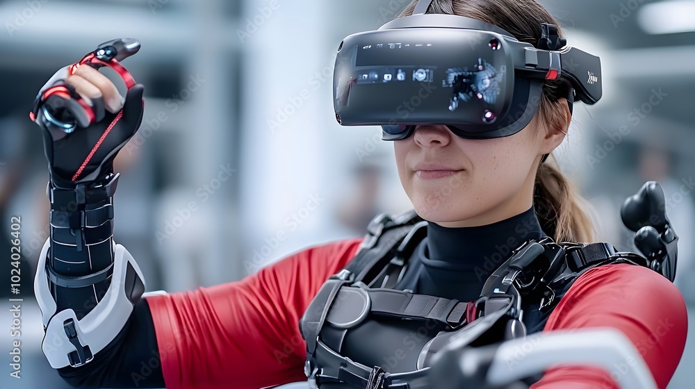 Poster a person wearing a high tech futuristic suit exploring and testing out a new virtual reality experie