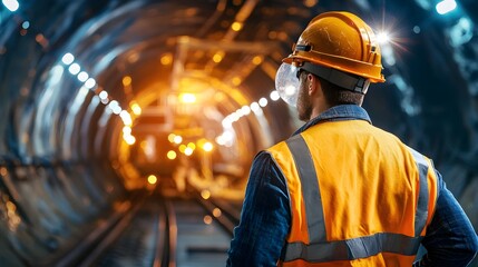 Engineer in Safety Gear Overseeing Underground Train Tunnel Construction Using Specialized Tunnel Boring Machine Technology for Electric Train Infrastructure Installation