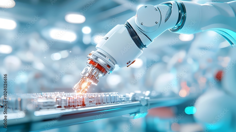 Poster close up view of a robotic arm assembling and manufacturing products in a high tech futuristic facto