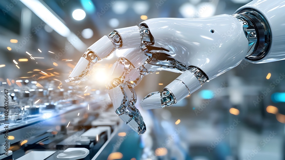 Poster an up close image showcasing a robotic arm meticulously assembling parts in a state of the art indus