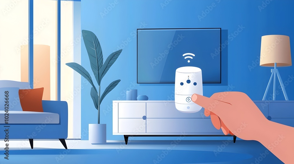Poster a person interacting with a voice activated virtual assistant to control and manage various smart ho