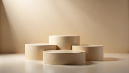 Minimalist podium with 3 stands for packaging landscape beige presentation and cosmetic product display or showcase