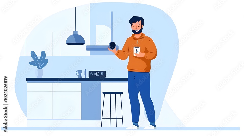 Poster person using a voice activated digital assistant to control and manage various smart home devices an