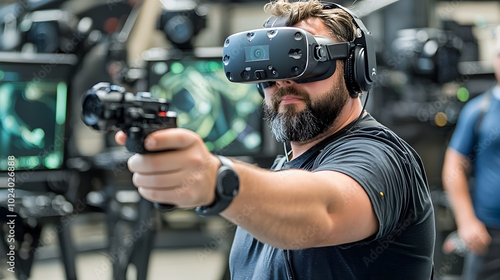 Poster a virtual reality gamer deeply immersed in a cutting edge futuristic gaming setup featuring advanced