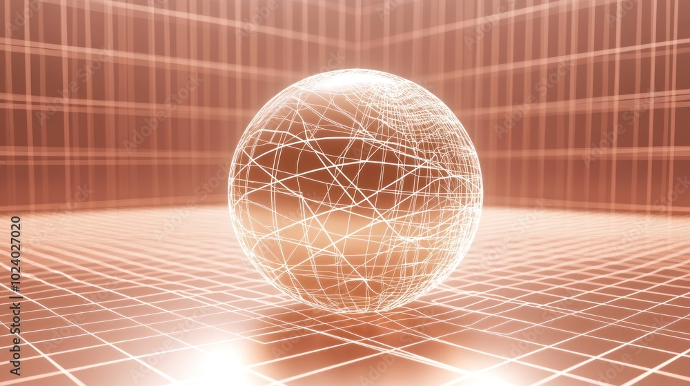 Poster A glowing sphere with intricate lines in a grid-like environment, suggesting technology and data.