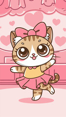 A cute cartoon cat dressed in a pink tutu, with a big smile and sparkling eyes. This adorable illustration is perfect for kids' products, greeting cards.
