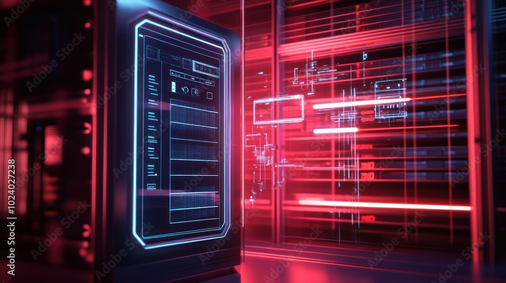Poster futuristic server room with glowing interfaces and data displays.