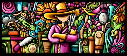 Obraz premium A vibrant gardener stands amidst colorful plants and tools, symbolizing gardening and nature.