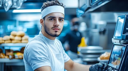 Fast paced retail transaction showcasing a cybernetic worker at the register efficiently processing customer orders and payments in a monochromatic