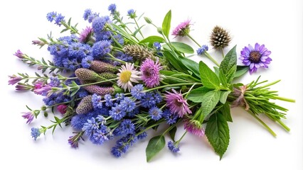 Fototapeta premium High angle violet blue wildflowers bouquet isolated on white background lavender cornflowers catnip sage borage