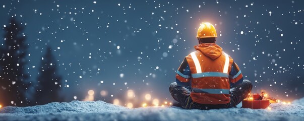 Festive Worker in a Snowy Construction Site - 3D Illustration of Holiday Decorations in Winter Setting