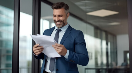 Fototapeta premium A middle-aged man in business attire is standing and smiling while holding papers.
