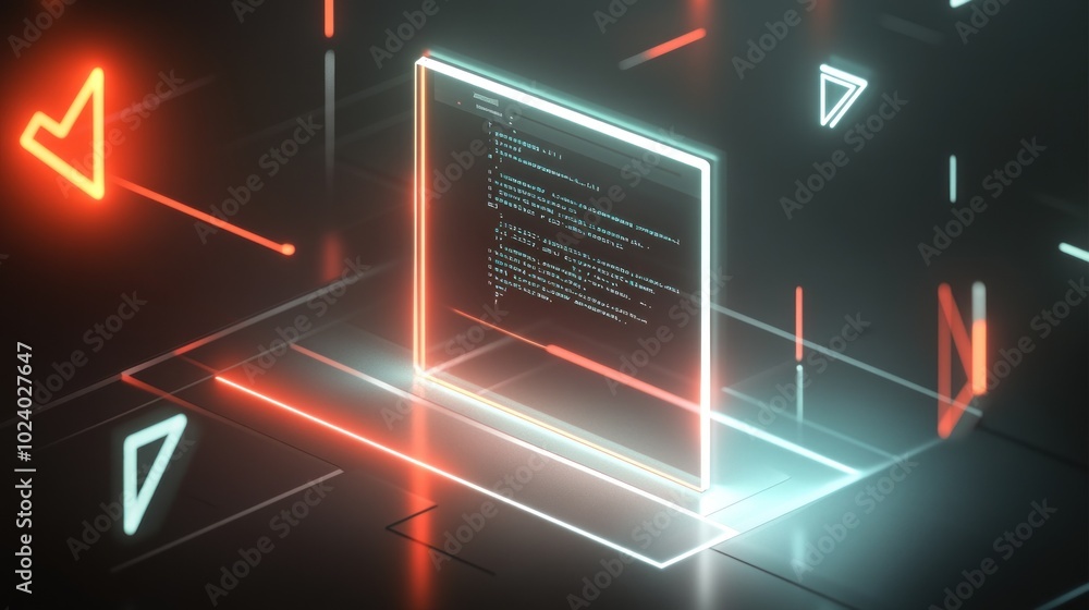 Poster a glowing digital interface displaying code amidst vibrant geometric shapes.
