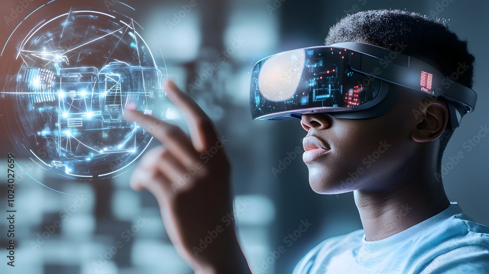 Poster a person wearing advanced augmented reality glasses interacting and manipulating virtual holographic