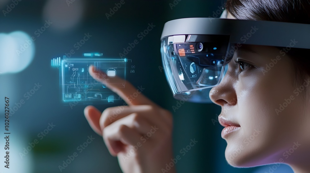 Poster a person engages with a futuristic digital environment using cutting edge augmented reality glasses 