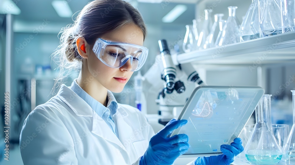 Poster scientist utilizing digital touchscreen technology in a clean modern laboratory setting to conduct r