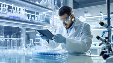 A scientist or researcher working with a digital touchscreen interface in a clean modern laboratory environment surrounded by various scientific equipment and tools for analysis research