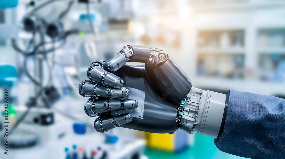 Poster close up view of a robotic mechanical hand firmly gripping a specialized tool in the workspace of a 