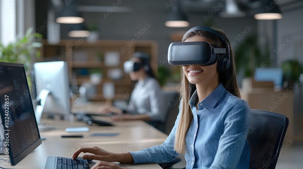 Poster modern and innovative office setting with employees leveraging advanced technologies like vr headset