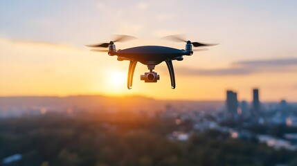 Aerial drone view of a futuristic city skyline with towering modern skyscrapers and architectural structures at sunset