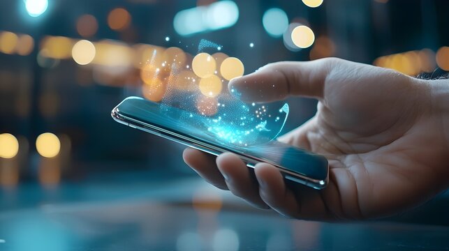 Close up view of a person using a high tech futuristic smartphone with a holographic display and gesture based controls showcasing the advanced capabilities of modern digital technology