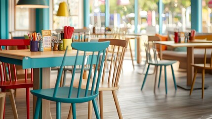 Bright and colorful hotel restaurant with a fun kid friendly atmosphere featuring a diverse menu playful decor and a welcoming setting for families to enjoy a meal together