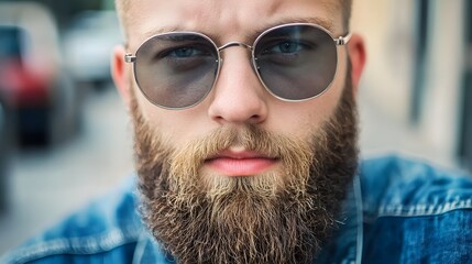 Pensive young man with a beard and stylish sunglasses in a close up portrait shot  The image captures the subject s thoughtful confident expression and suggests a sense of modern urban sophistication