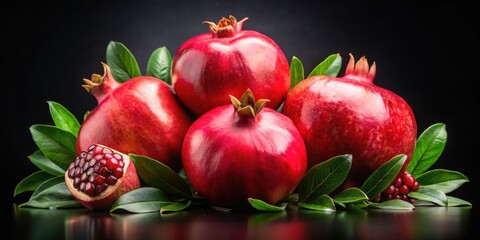 Fresh juicy Pomegranates with leaves isolated on black background, Pomegranate, fruits, organic, healthy, vibrant, red