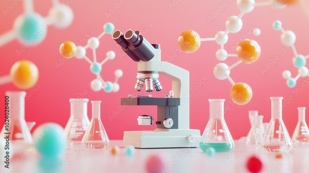 Poster a scientific setup featuring a microscope surrounded by colorful molecular models and lab glassware.