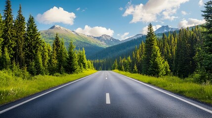 Serene Cybernetic Landscape Winding Asphalt Road Cutting Through Lush Verdant Forests and Towering Majestic Mountains Under a Vibrant Blue Sky