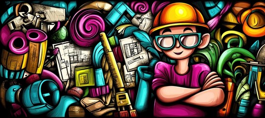 Obraz premium A colorful illustration featuring a character surrounded by design tools and creative elements.