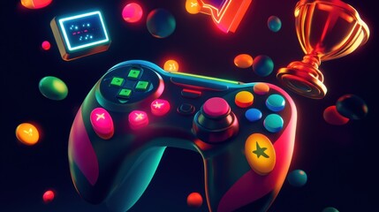 A vibrant gaming controller surrounded by gaming elements like trophies and icons.
