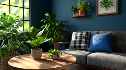 Cozy and chic modern open plan interior design featuring modular sofa furniture wooden coffee tables plaid textured pillows and lush tropical plants