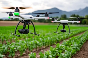 3D animated farm, where AI-powered machines and drones tend to crops, harvest produce, and monitor the weather, creating a fully automated agricultural environment