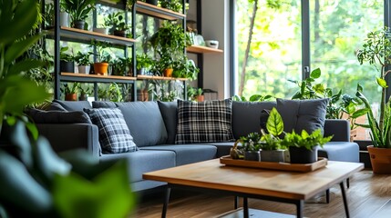 Cozy and Stylish Modern Open Space Interior with Modular Sofa Furniture Wooden Coffee Tables Plaid Pillows and Tropical Plants Designed for Elegant Home Decor